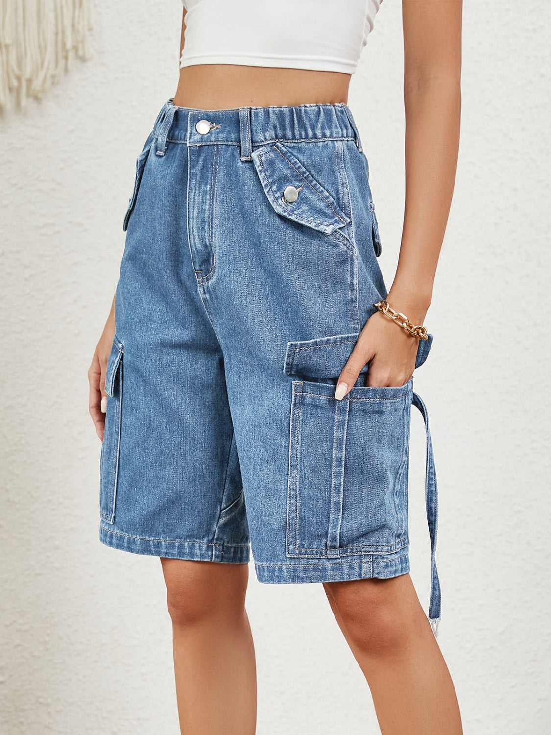 Buttoned Elastic Waist Denim Shorts with Pockets   