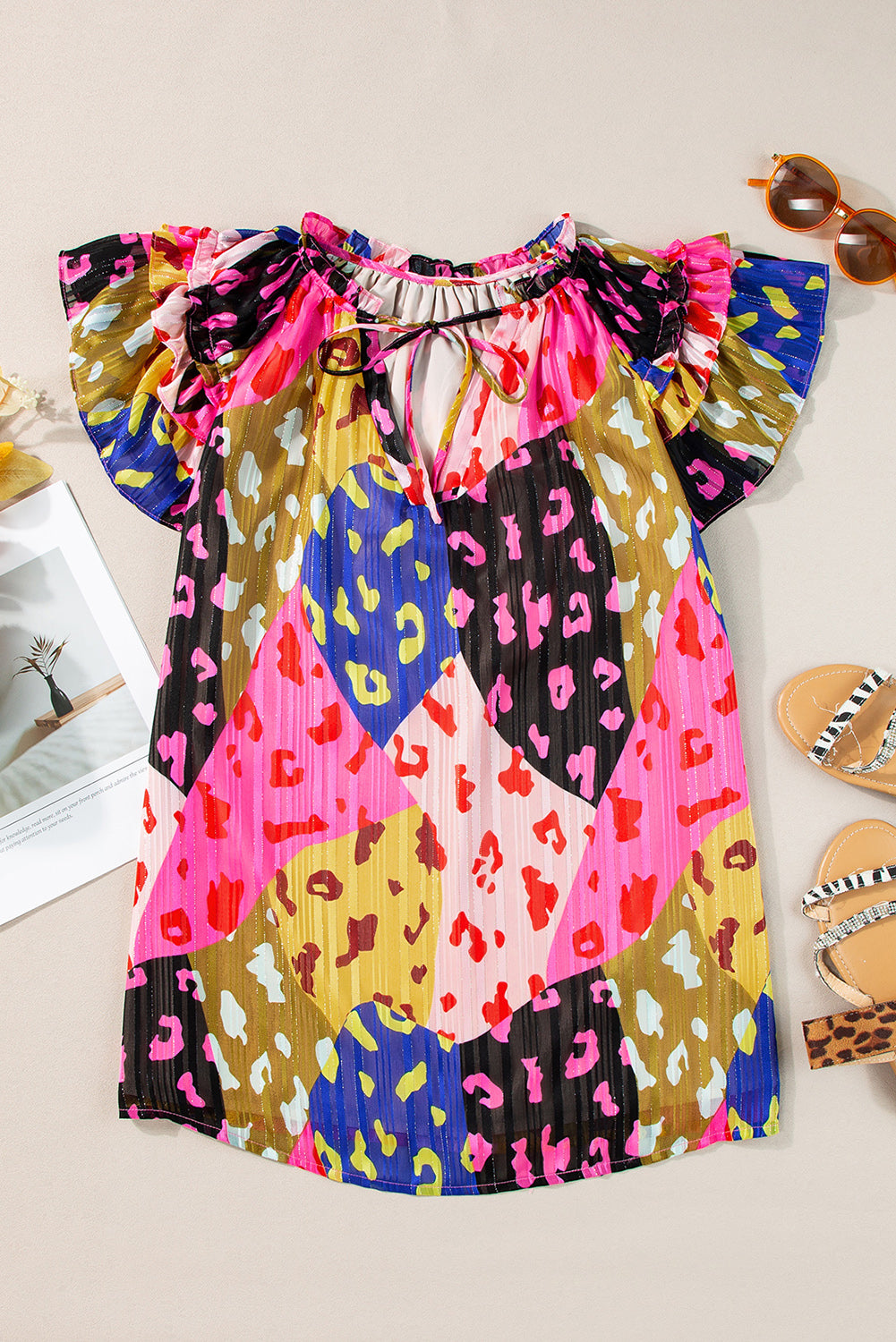 STUNNLY  Ruffled Printed Tie Neck Cap Sleeve Blouse   