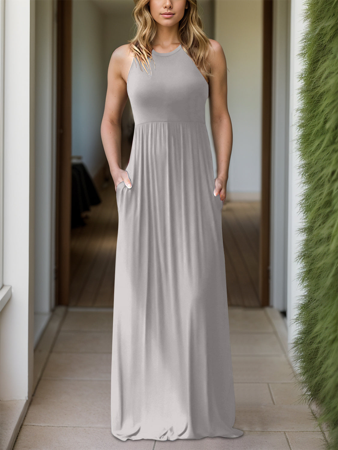 Full Size Grecian Neck Dress with Pockets Light Blue S 