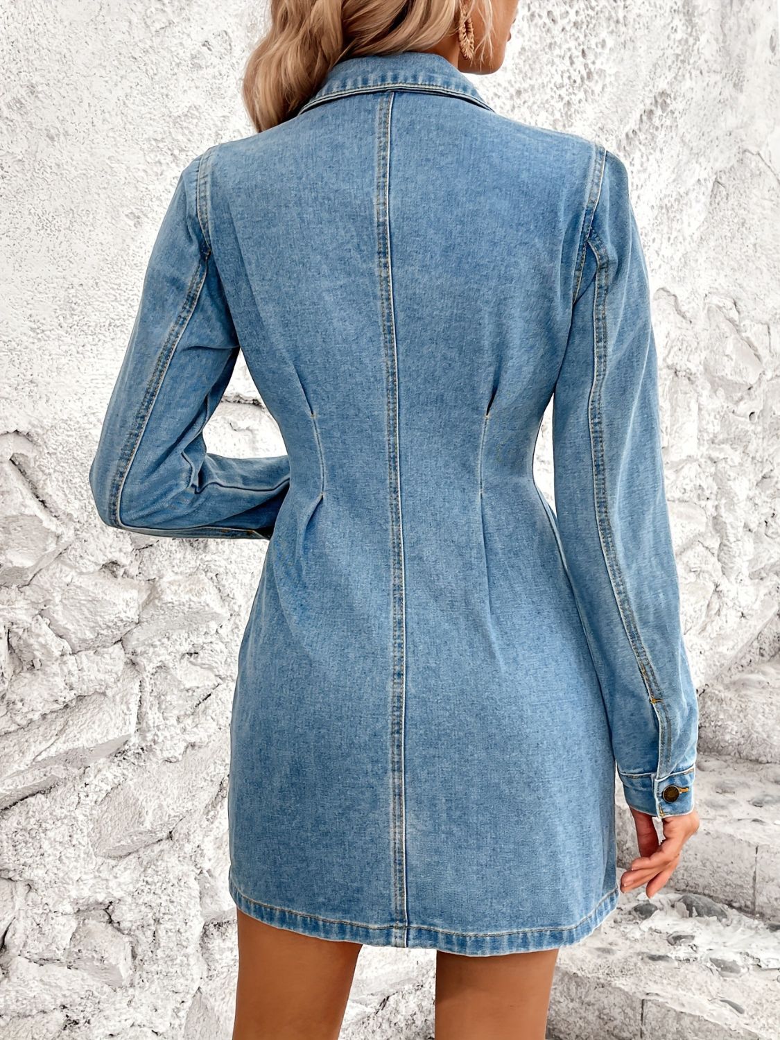 Pocketed Button Up Long Sleeve Denim Dress   