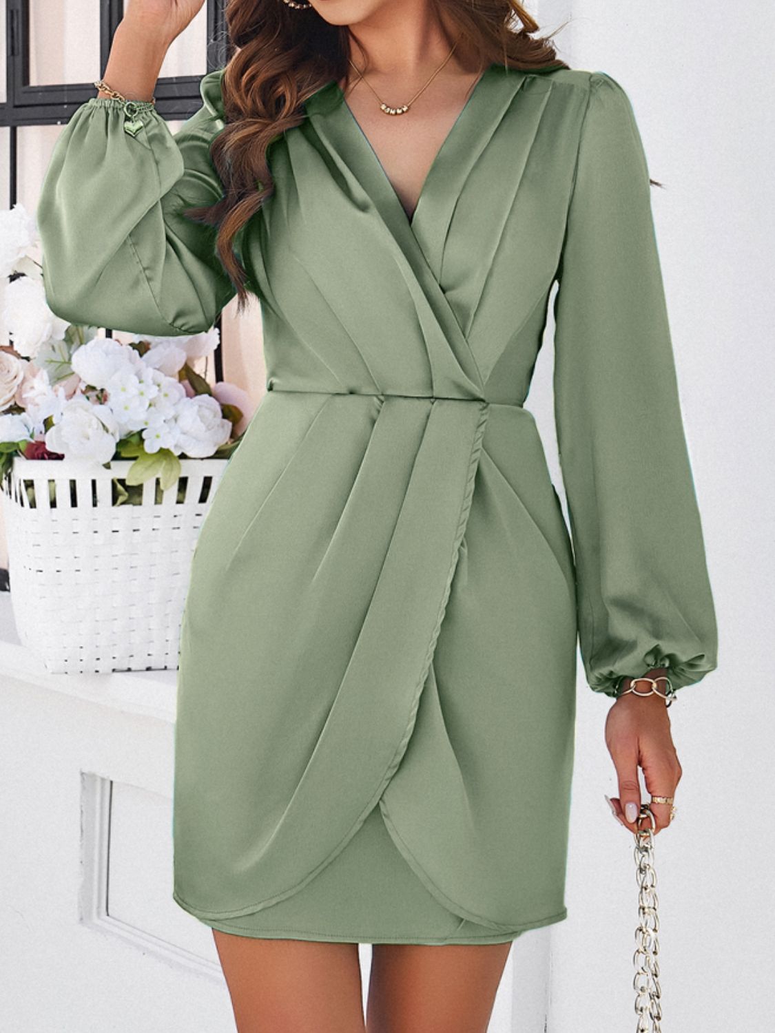 Ruched Surplice Long Sleeve Mini Dress   