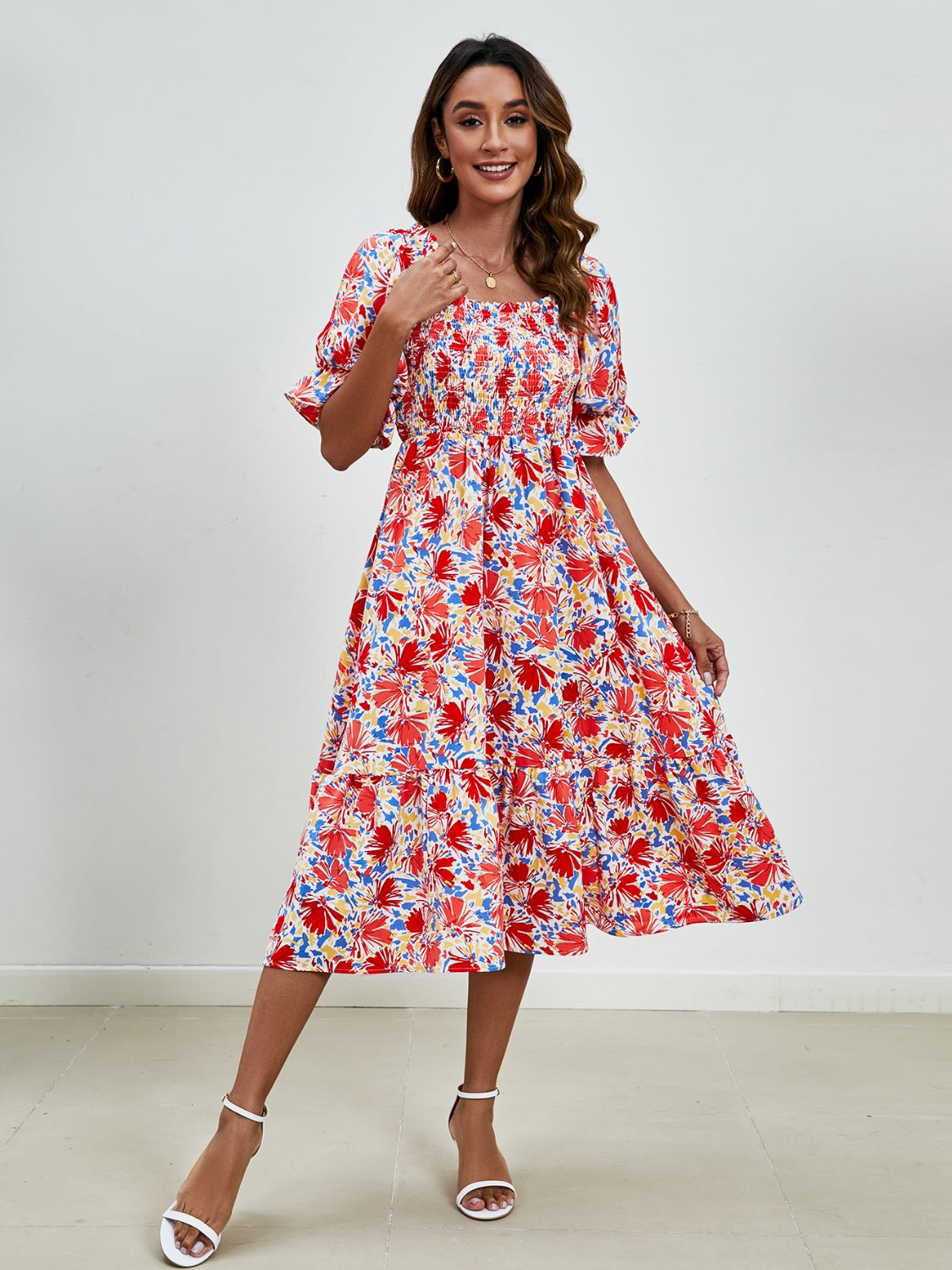 Smocked Floral Square Neck Short Sleeve Dress   