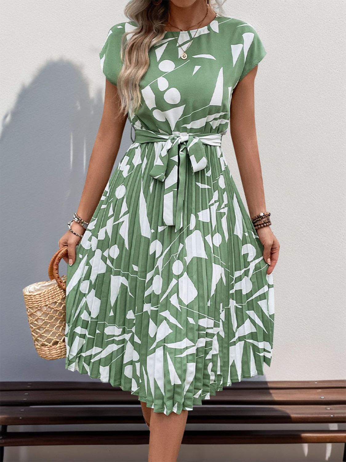 Tied Pleated Printed Cap Sleeve Dress   