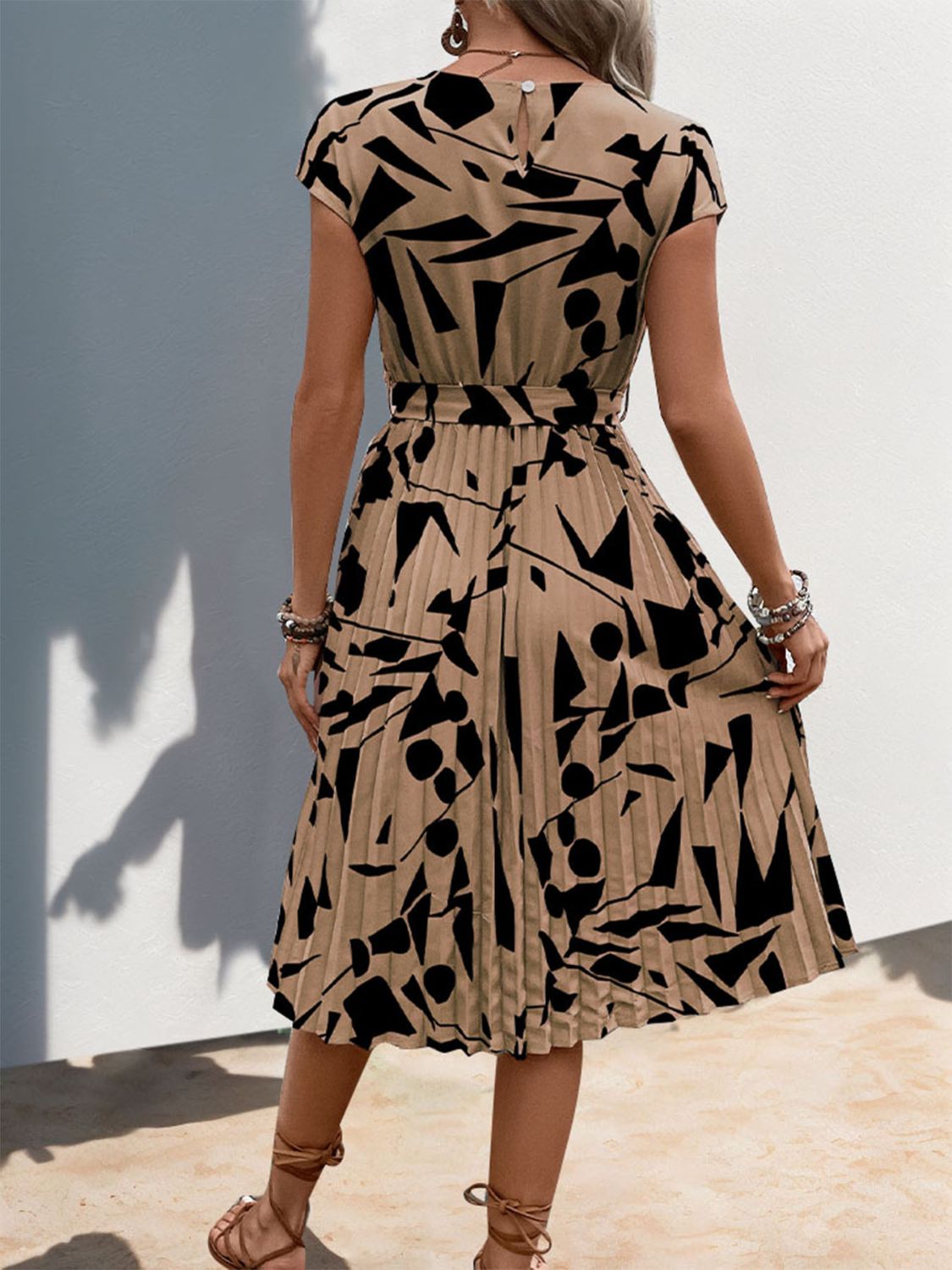 Tied Pleated Printed Cap Sleeve Dress   