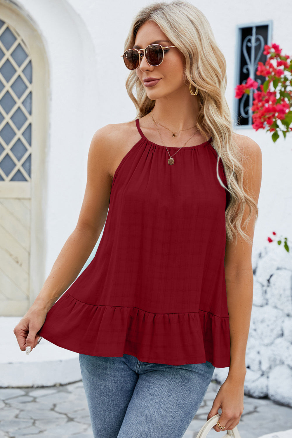 STUNNLY  Tied Ruffled Round Neck Cami   