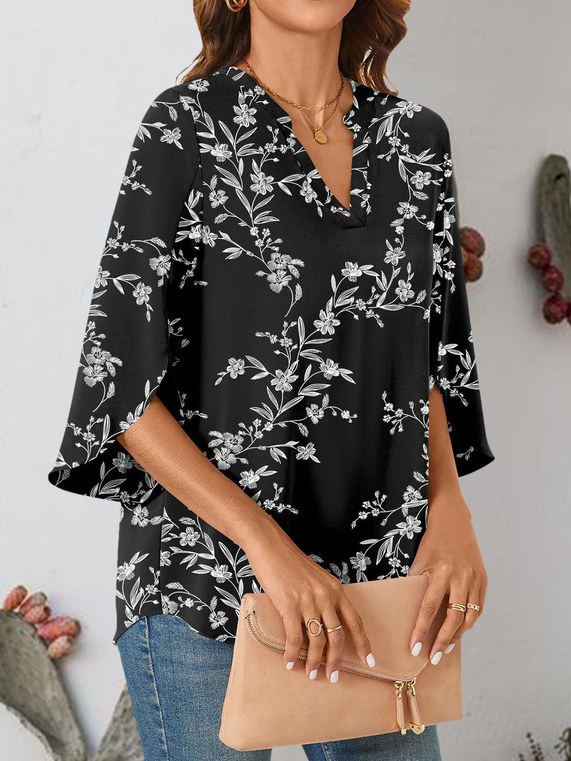 Notched Slit Half Sleeve Blouse   