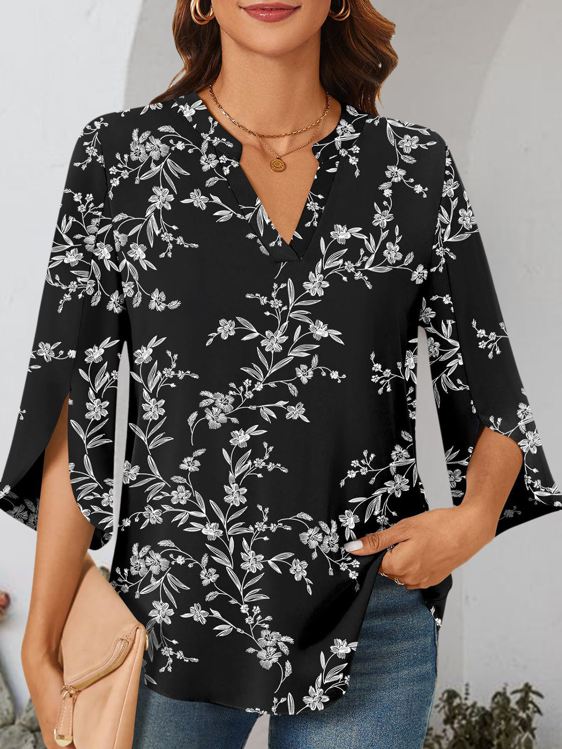 Notched Slit Half Sleeve Blouse Floral S 