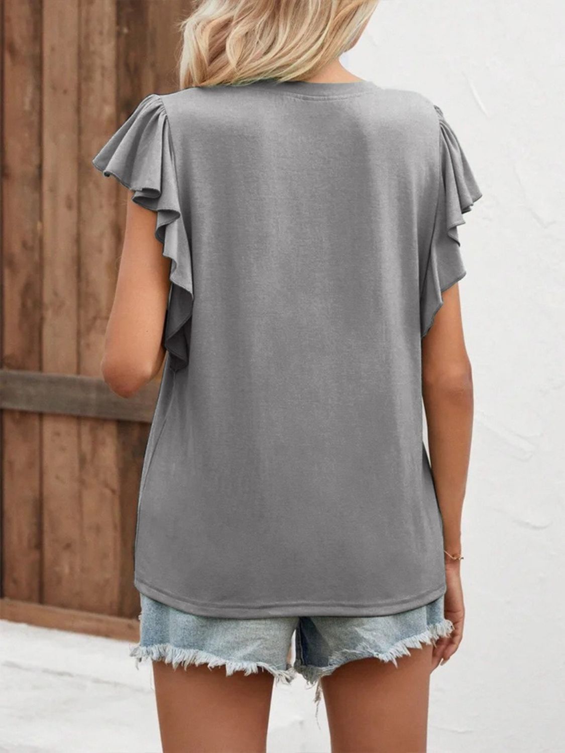 STUNNLY  Full Size Ruffled Notched Cap Sleeve T-Shirt   