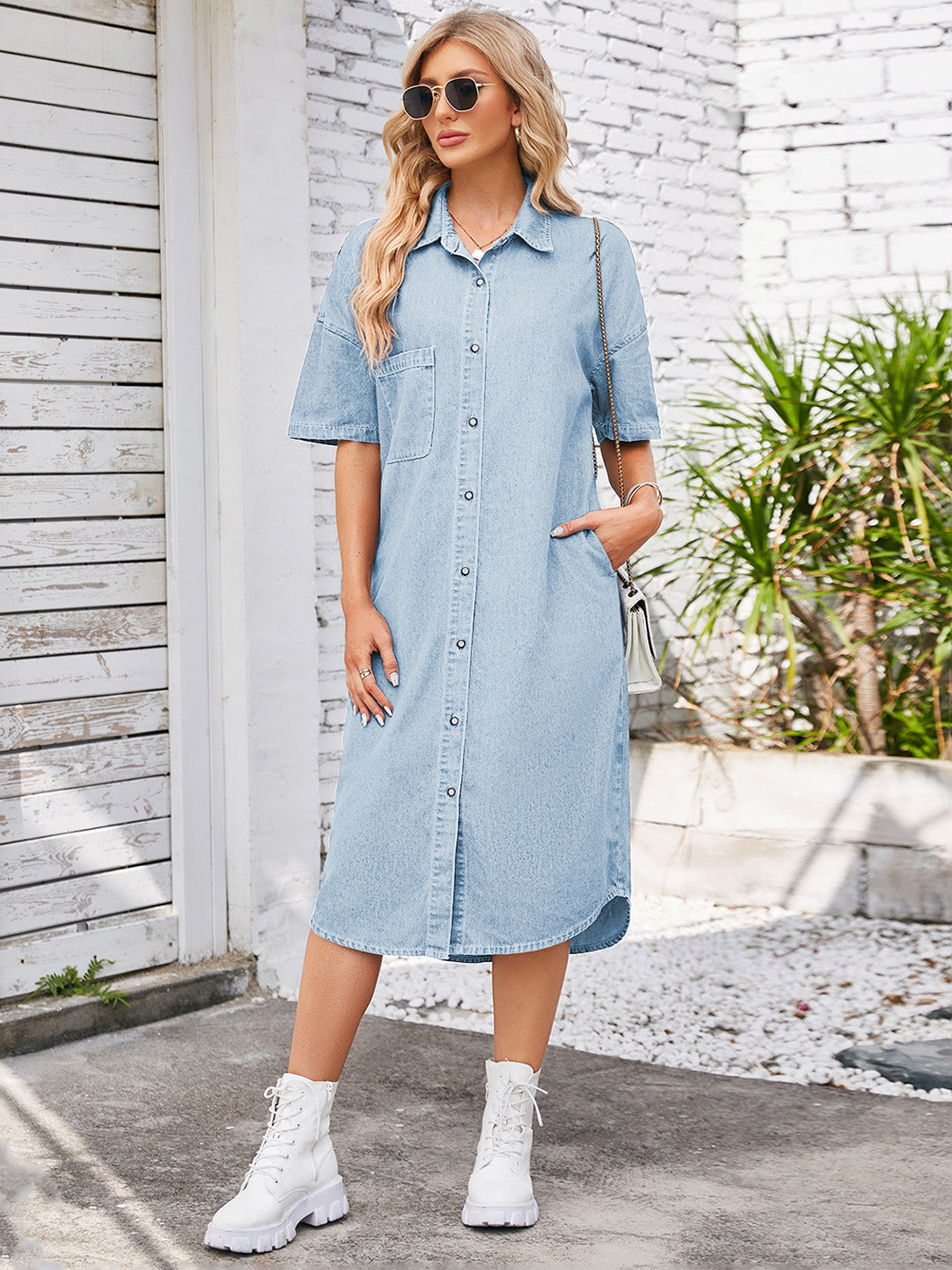 Button Down Half Sleeve Denim Dress Light S 