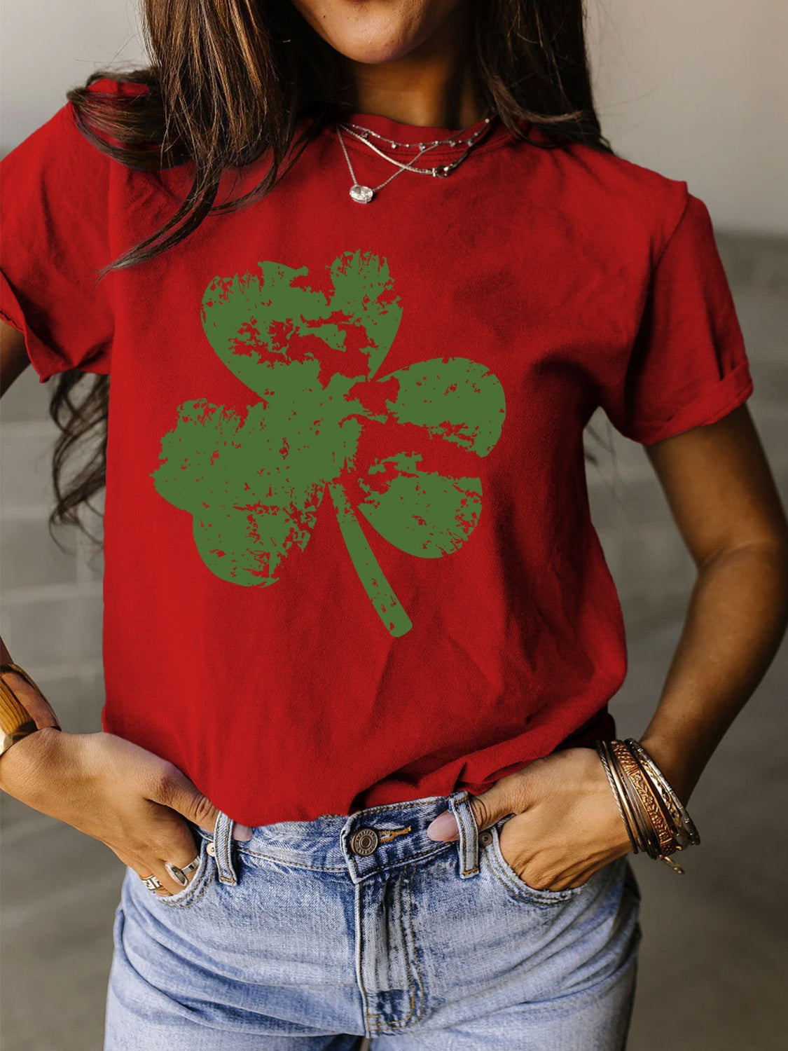 STUNNLY  Full Size Lucky Clover Round Neck Short Sleeve T-Shirt Deep Red S 