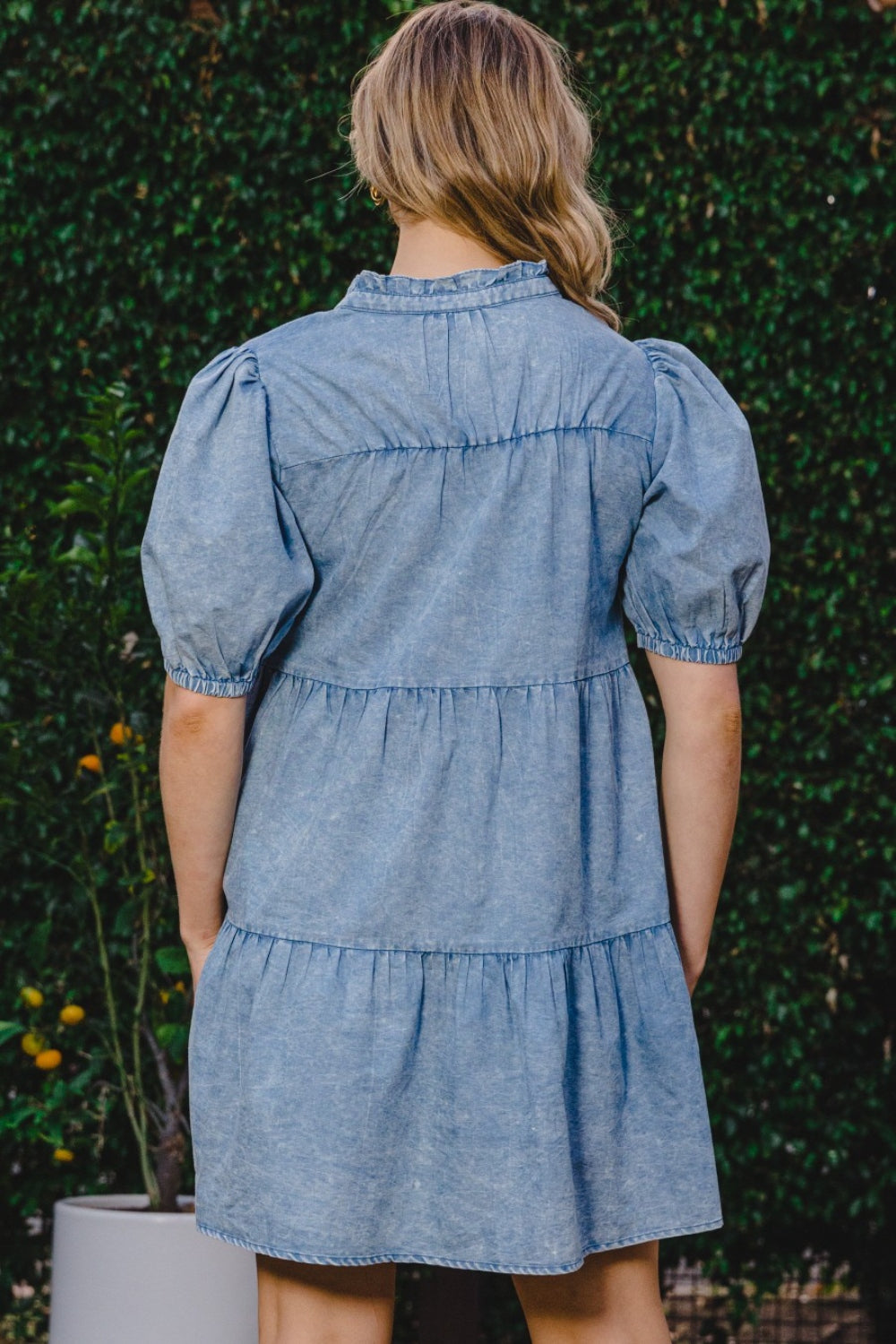 STUNNLY  ODDI Washed Tiered Mini Denim Dress   