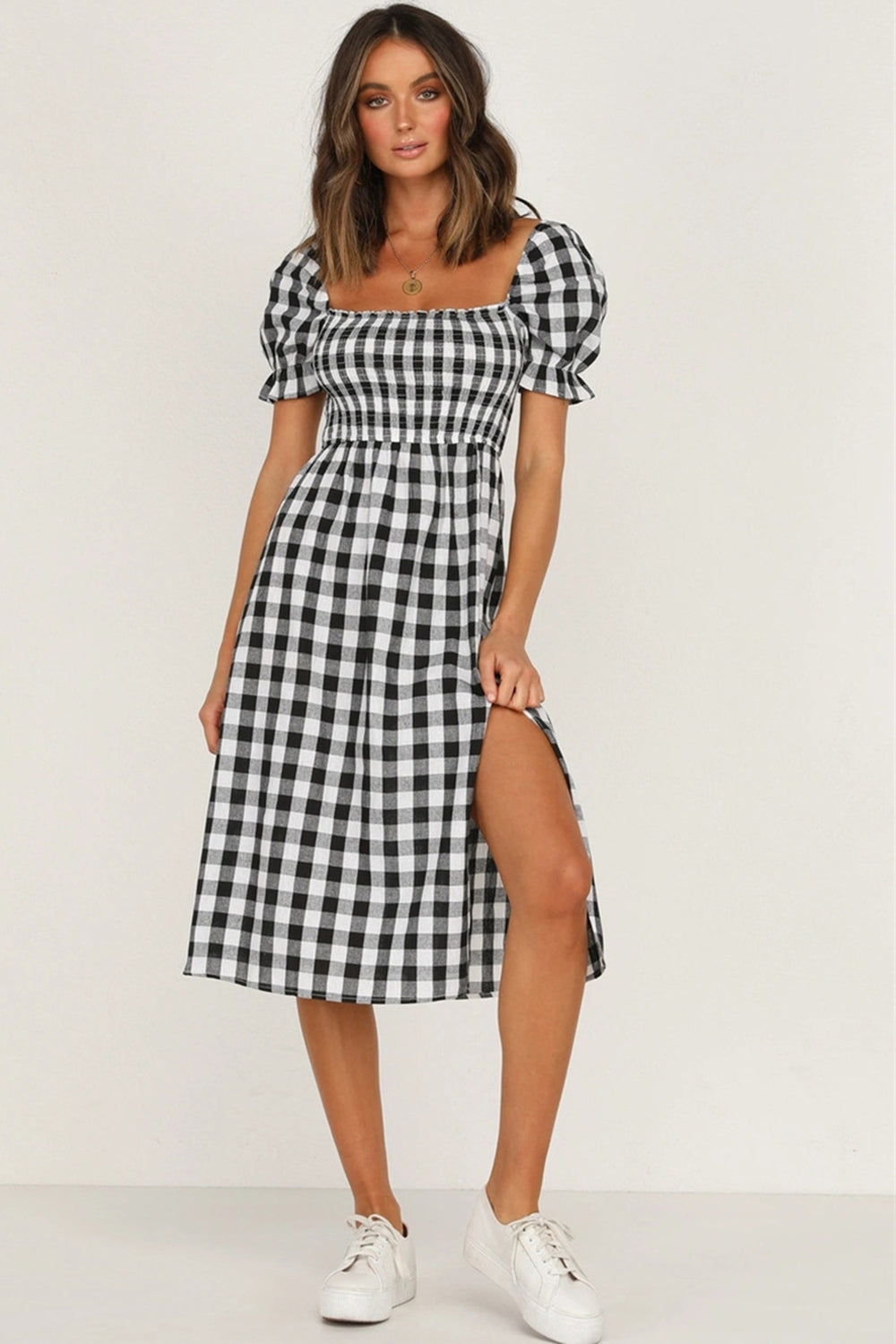 Full Size Slit Plaid Short Sleeve Midi Dress   