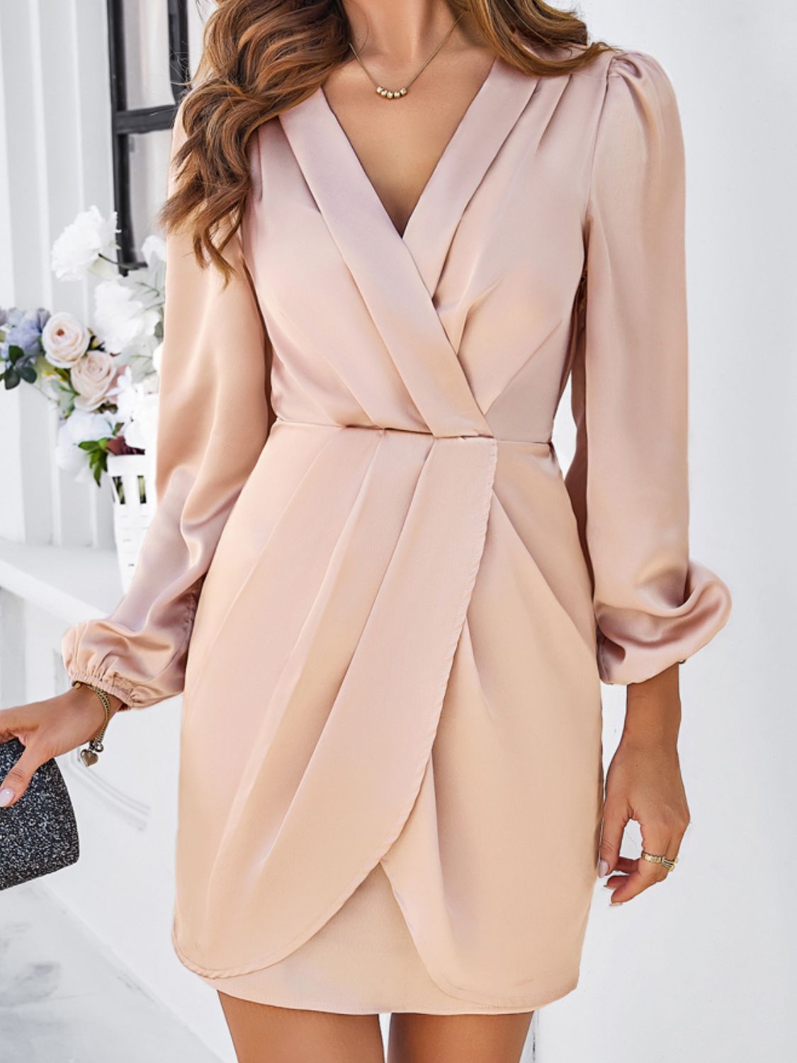 Ruched Surplice Long Sleeve Mini Dress   