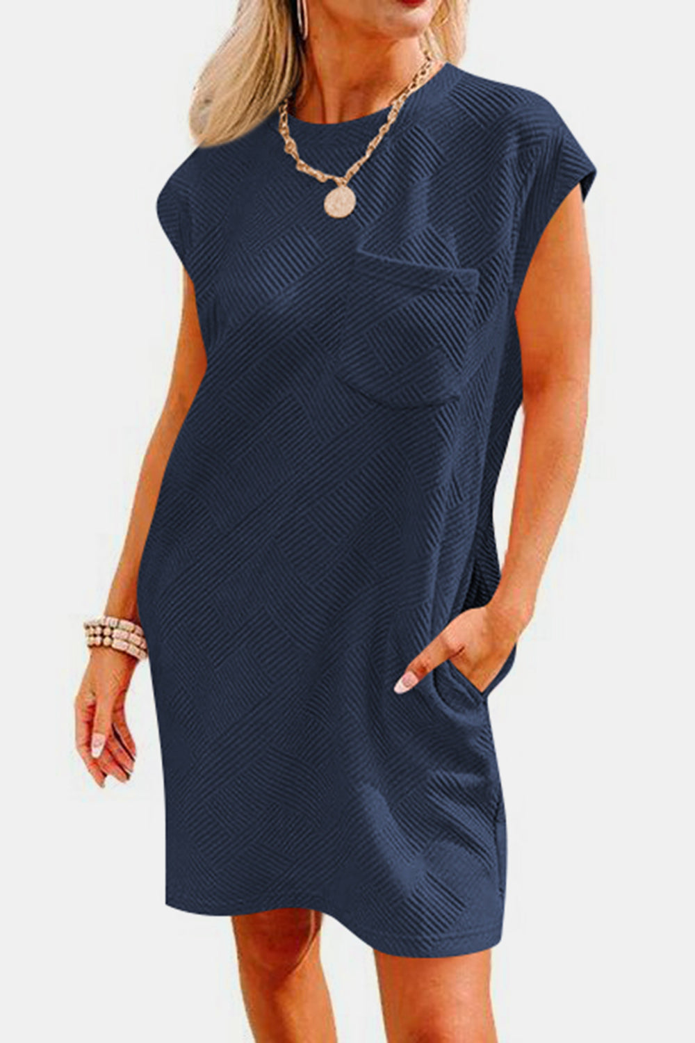 STUNNLY  Textured Round Neck Cap Sleeve Dress Dark Navy S 