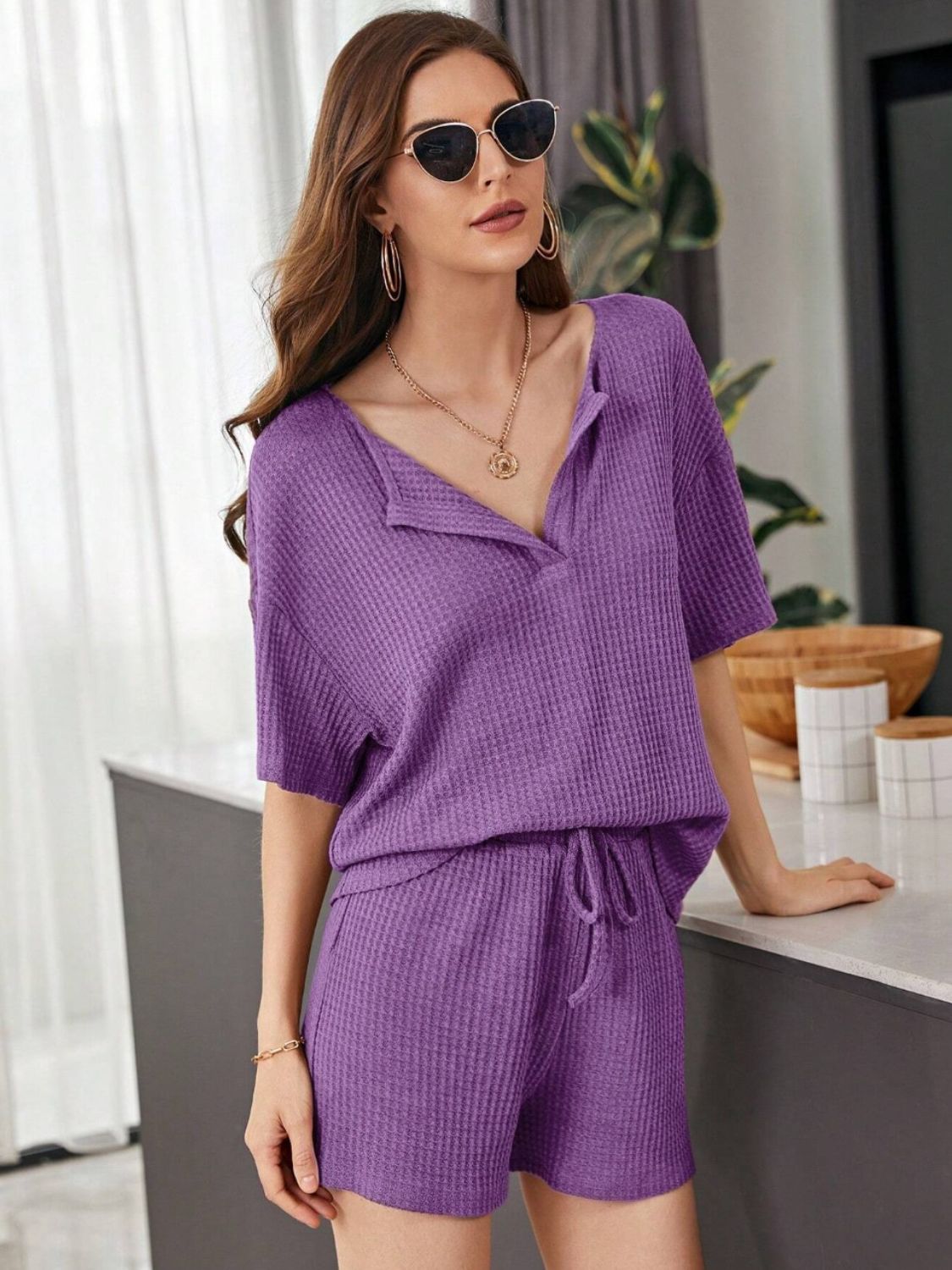 STUNNLY  Full Size Waffle-Knit Dropped Shoulder Top and Shorts Set Purple S 