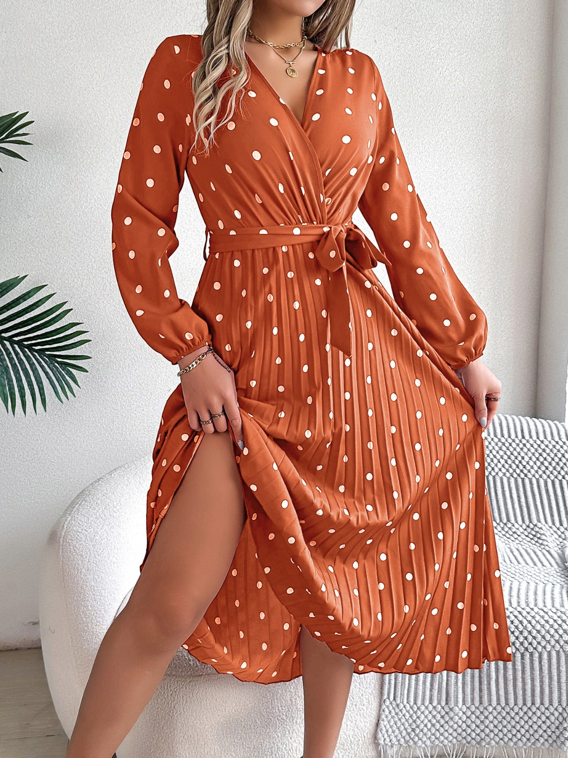 Tied Polka Dot Long Sleeve Midi Dress   