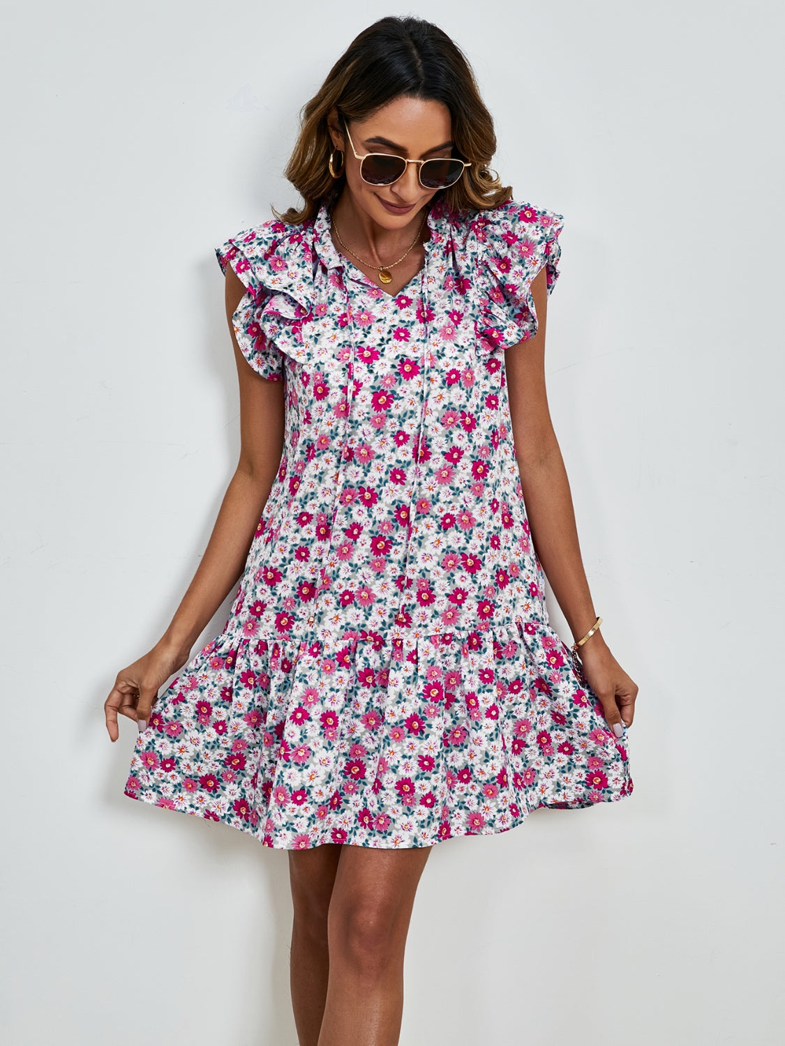 Tied Floral Cap Sleeve Mini Dress Hot Pink S 