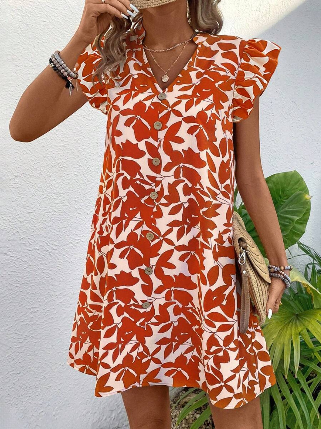 Printed Notched Cap Sleeve Mini Dress   