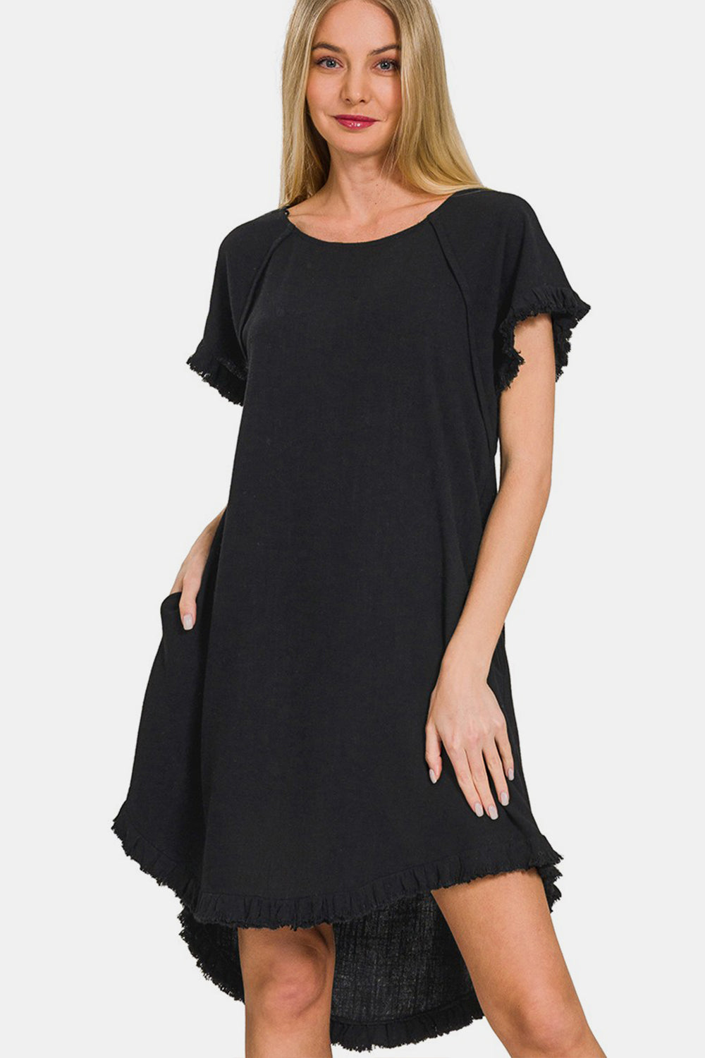 Zenana Fringe Edge High Low Flowy Dress with Pockets Black S 