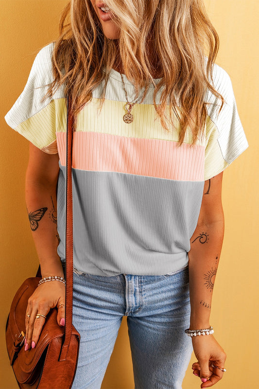 STUNNLY  Color Block Round Neck Short Sleeve T-Shirt Pastel Yellow S 