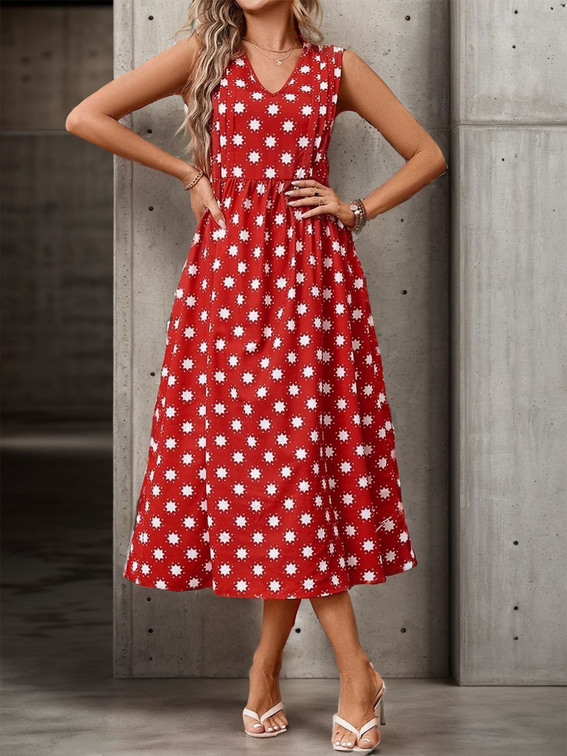 Printed V-Neck Sleeveless Midi Dress Scarlet S 