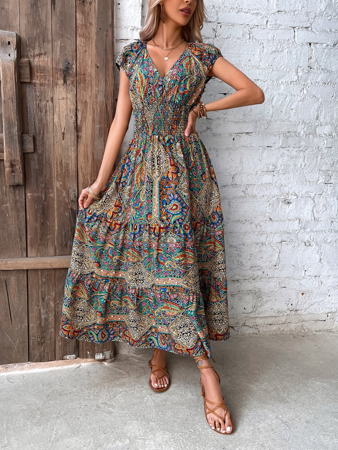 Smocked Printed Cap Sleeve Midi Dress   