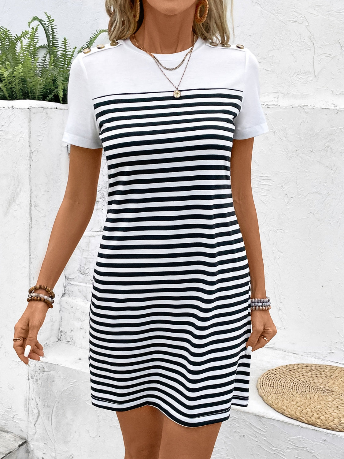 STUNNLY  Striped Round Neck Short Sleeve Mini Tee Dress   