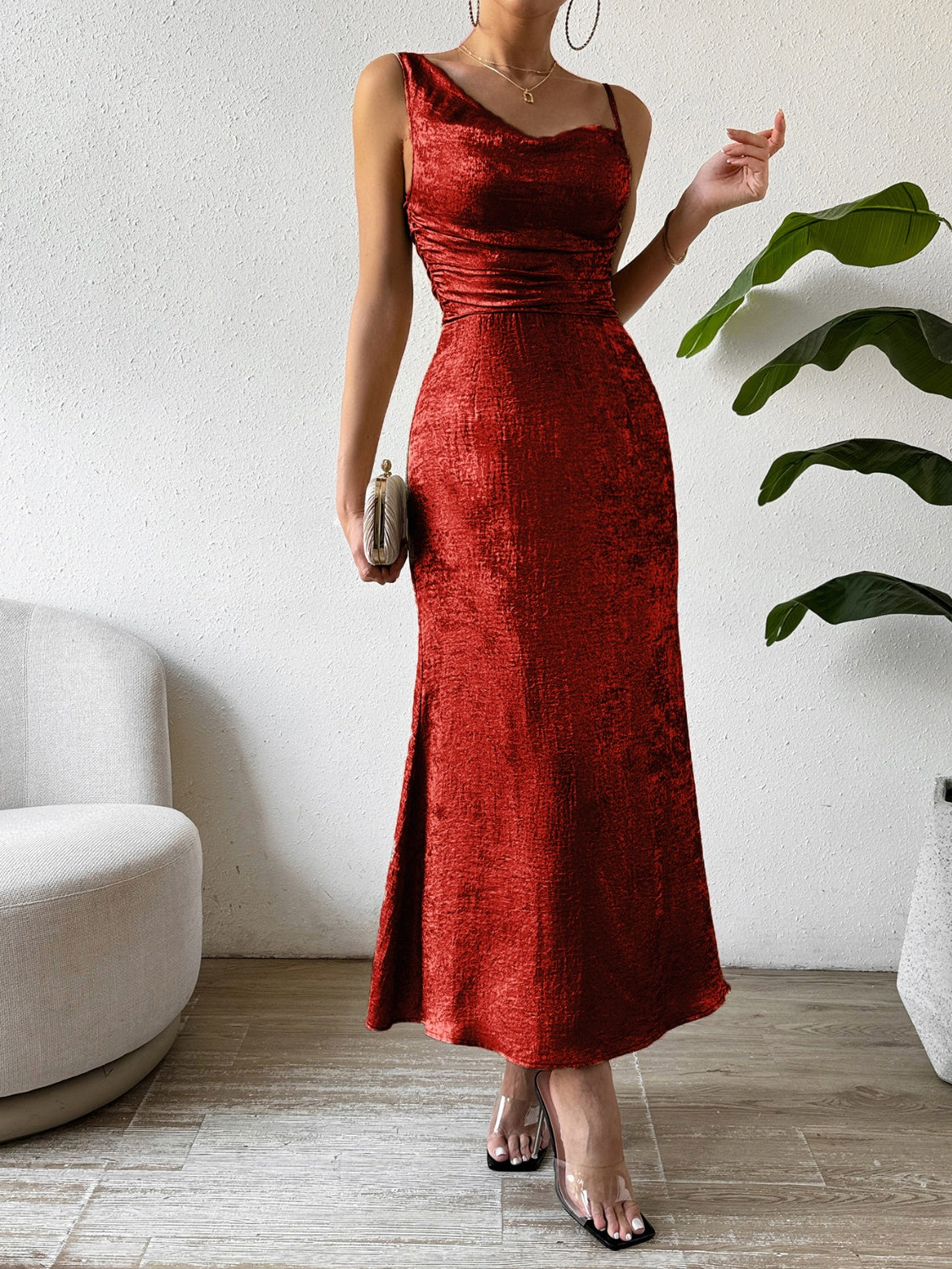 Asymmetric Neck Sleeveless Midi Dress Burgundy S 