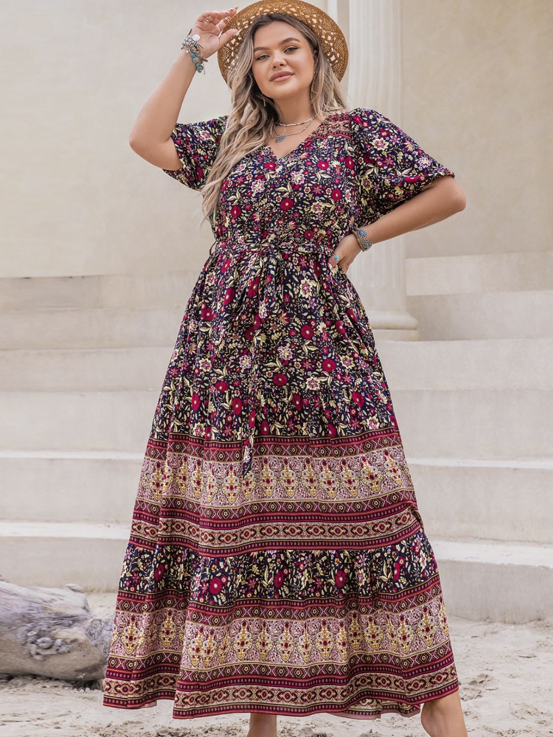 Plus Size Printed V-Neck Short Sleeve Maxi Dress   