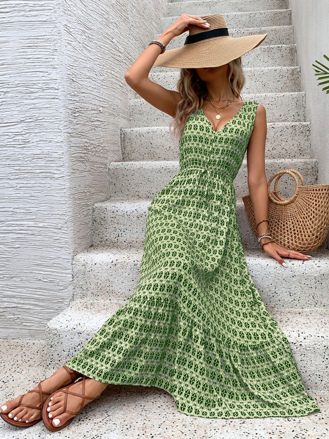 Printed V-Neck Tie Waist Midi Dress   