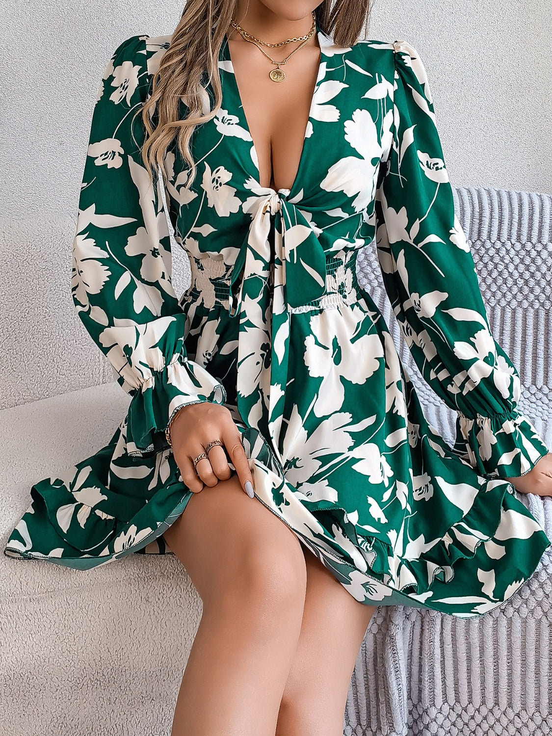 Tied Ruffled Printed Long Sleeve Dress   