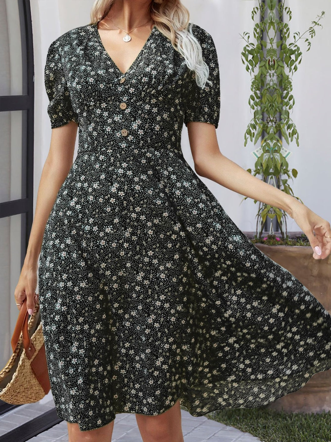 Printed V-Neck Short Sleeve Dress   