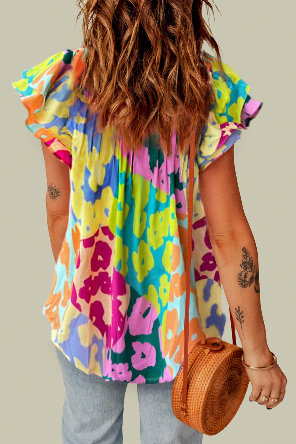 STUNNLY  Ruffled Printed Tie Neck Cap Sleeve Blouse   