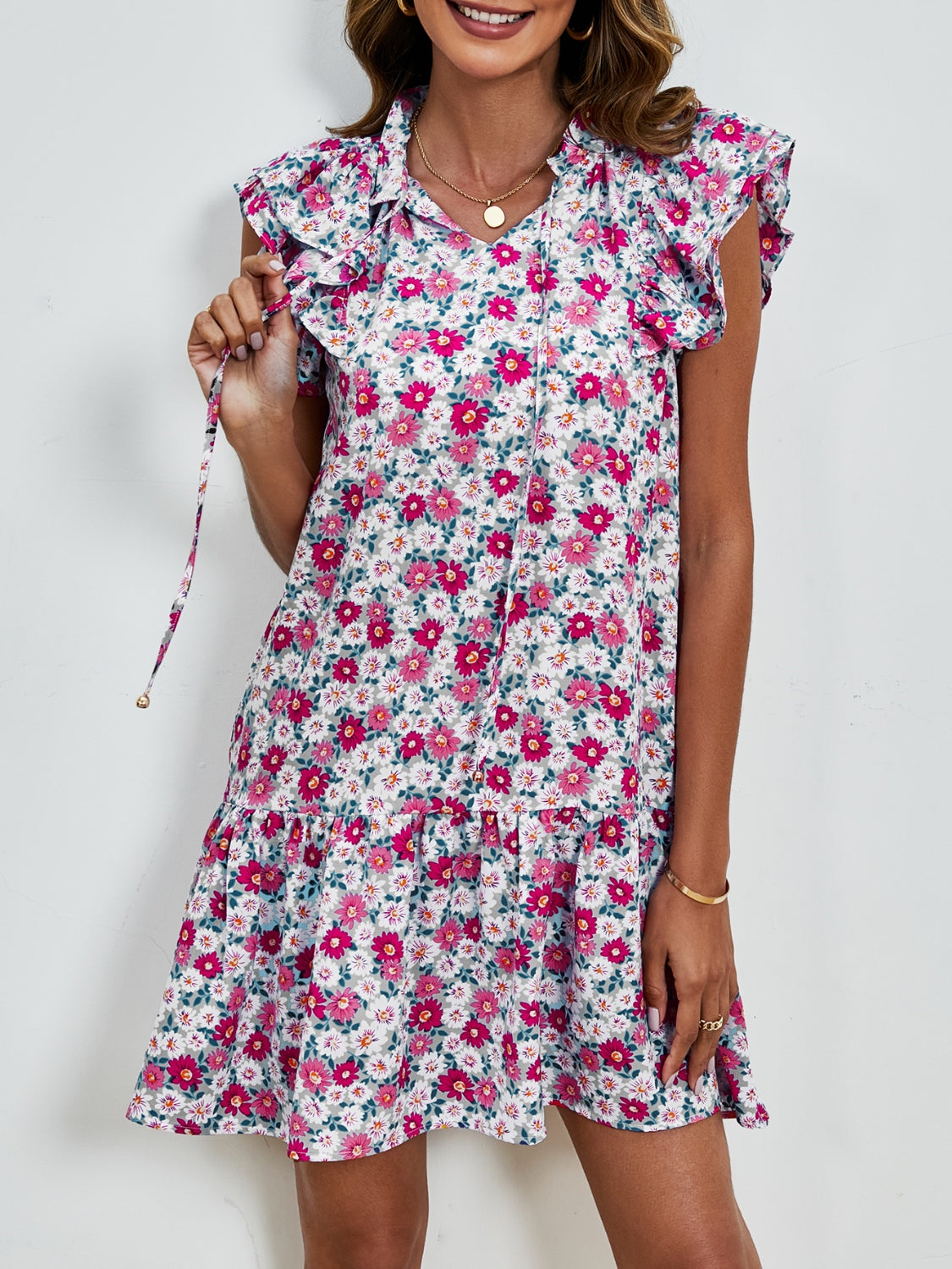 Tied Floral Cap Sleeve Mini Dress   