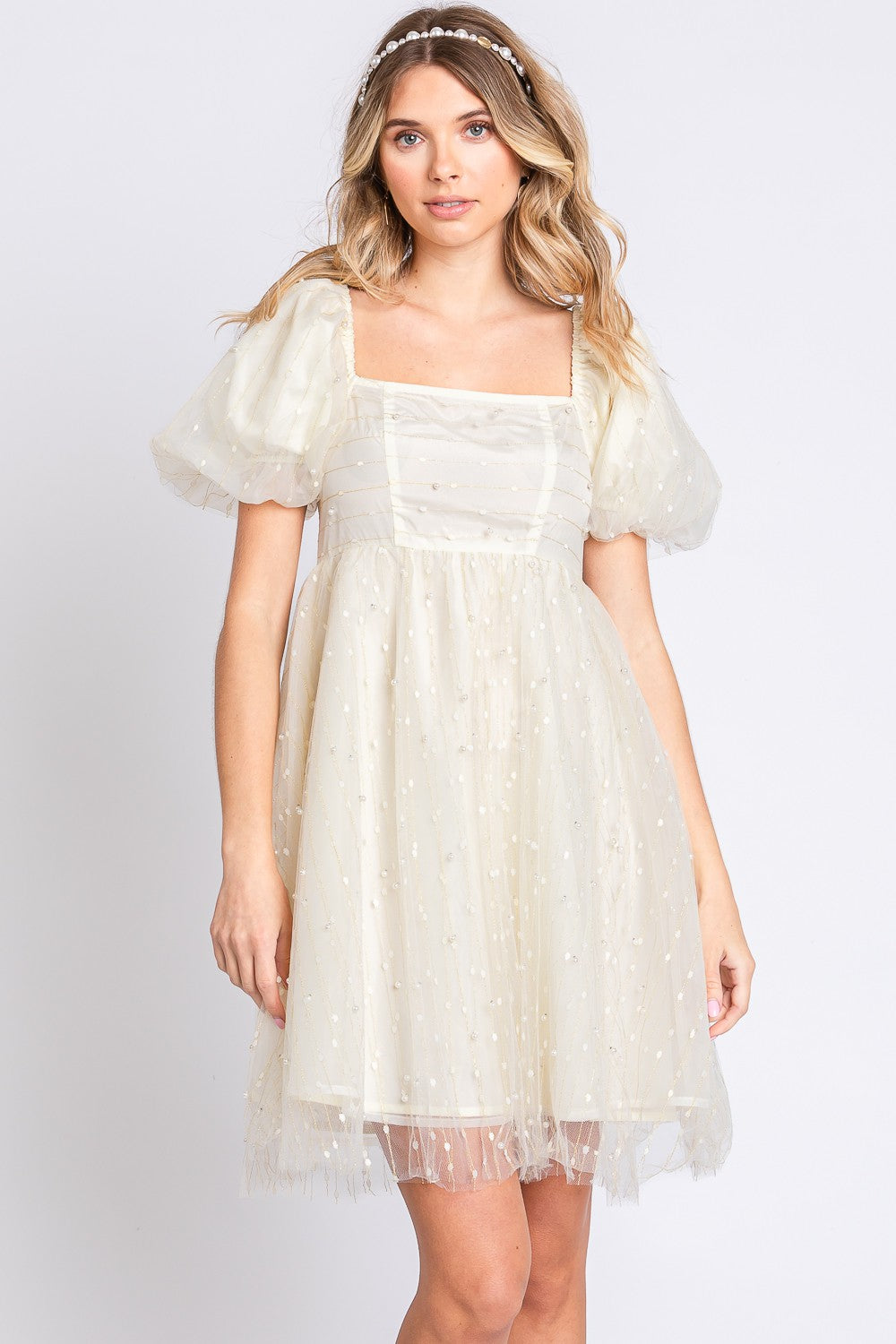 GeeGee Pearl Mesh Puff Sleeve Babydoll Dress   