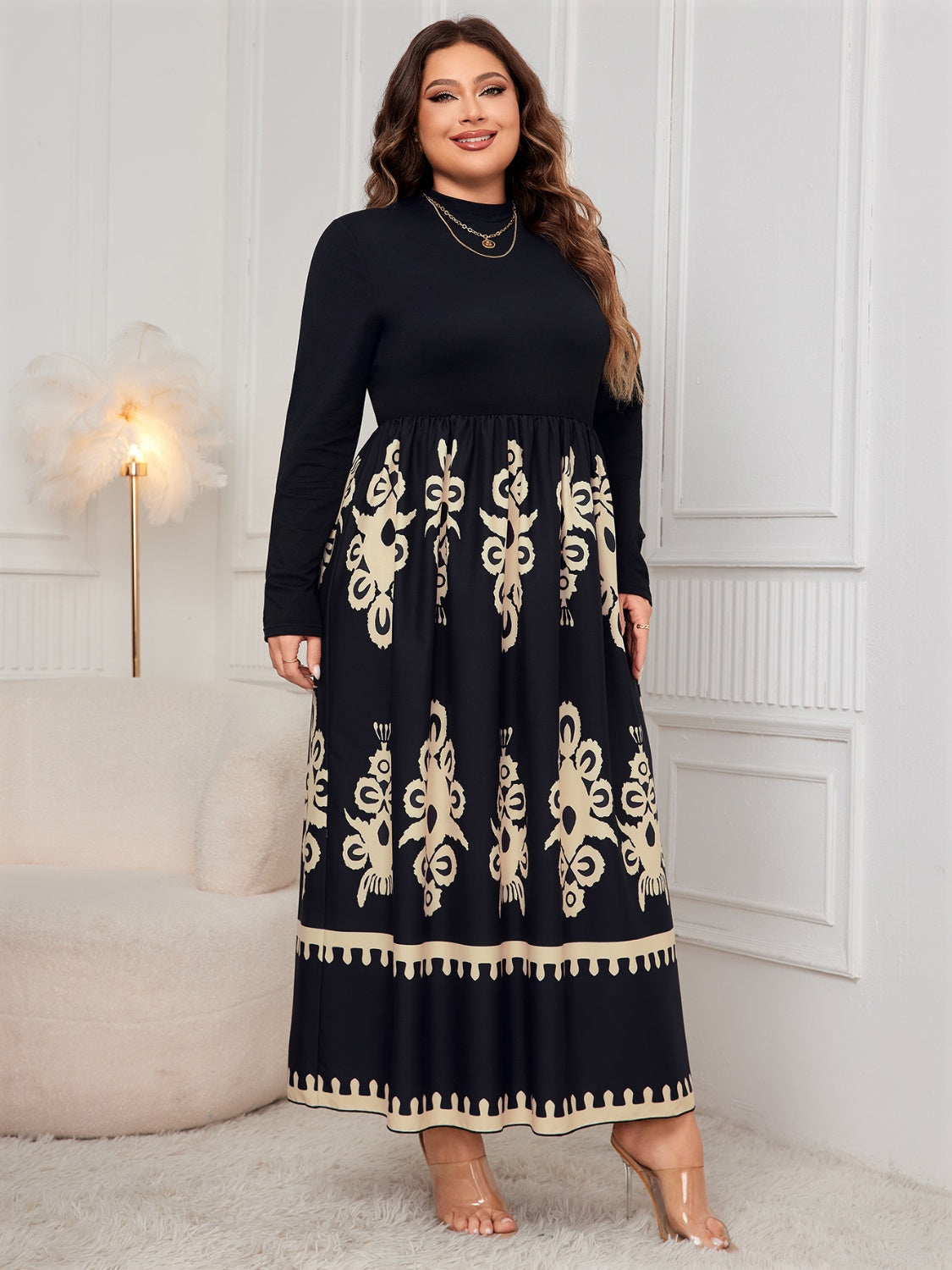 Plus Size Printed Mock Neck Long Sleeve Dress   