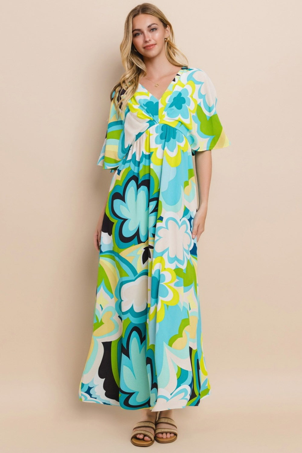 ODDI Floral Printed Slit Maxi Dress Blue Yellow S 