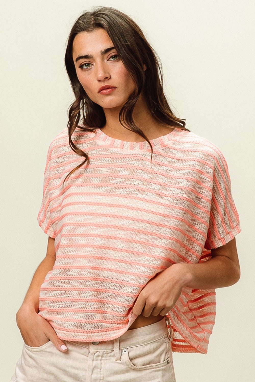 BiBi Braid Striped Short Sleeve Round Neck T-Shirt   