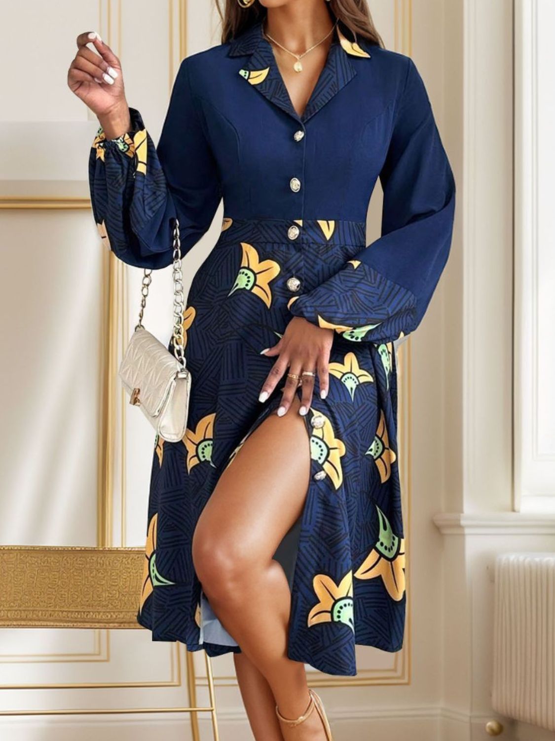 Printed Collared Neck Long Sleeve Dress   