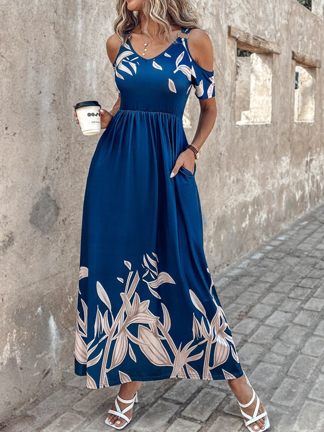 Printed Cold Shoulder Short Sleeve Maxi Dress   