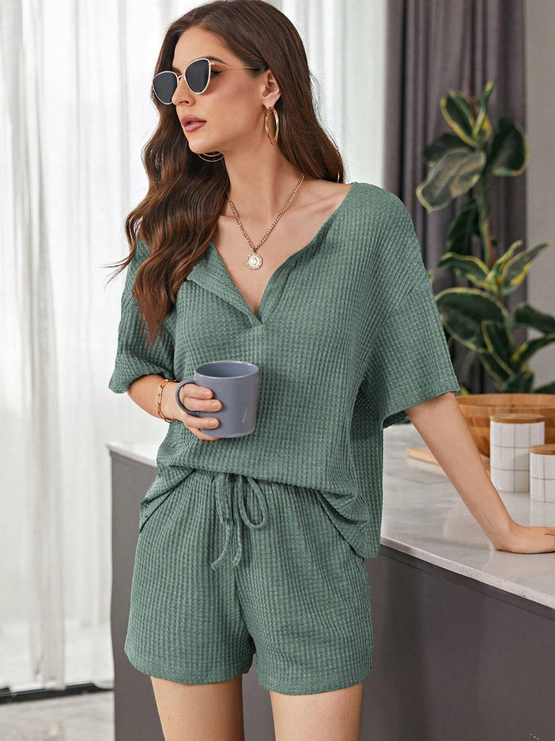 STUNNLY  Full Size Waffle-Knit Dropped Shoulder Top and Shorts Set Deep Teal S 