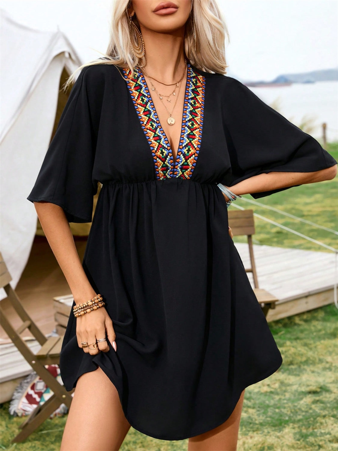 Embroidered Plunge Half Sleeve Mini Dress   