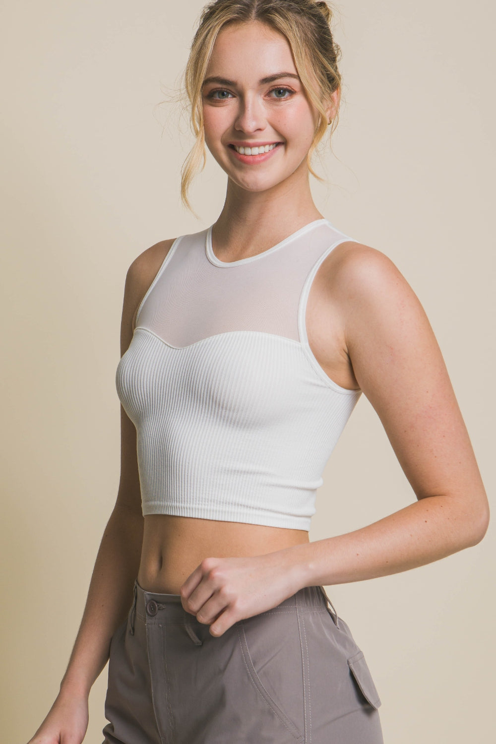 STUNNLY  Love Tree Round Neck Ribbed Cropped Mesh Tank   