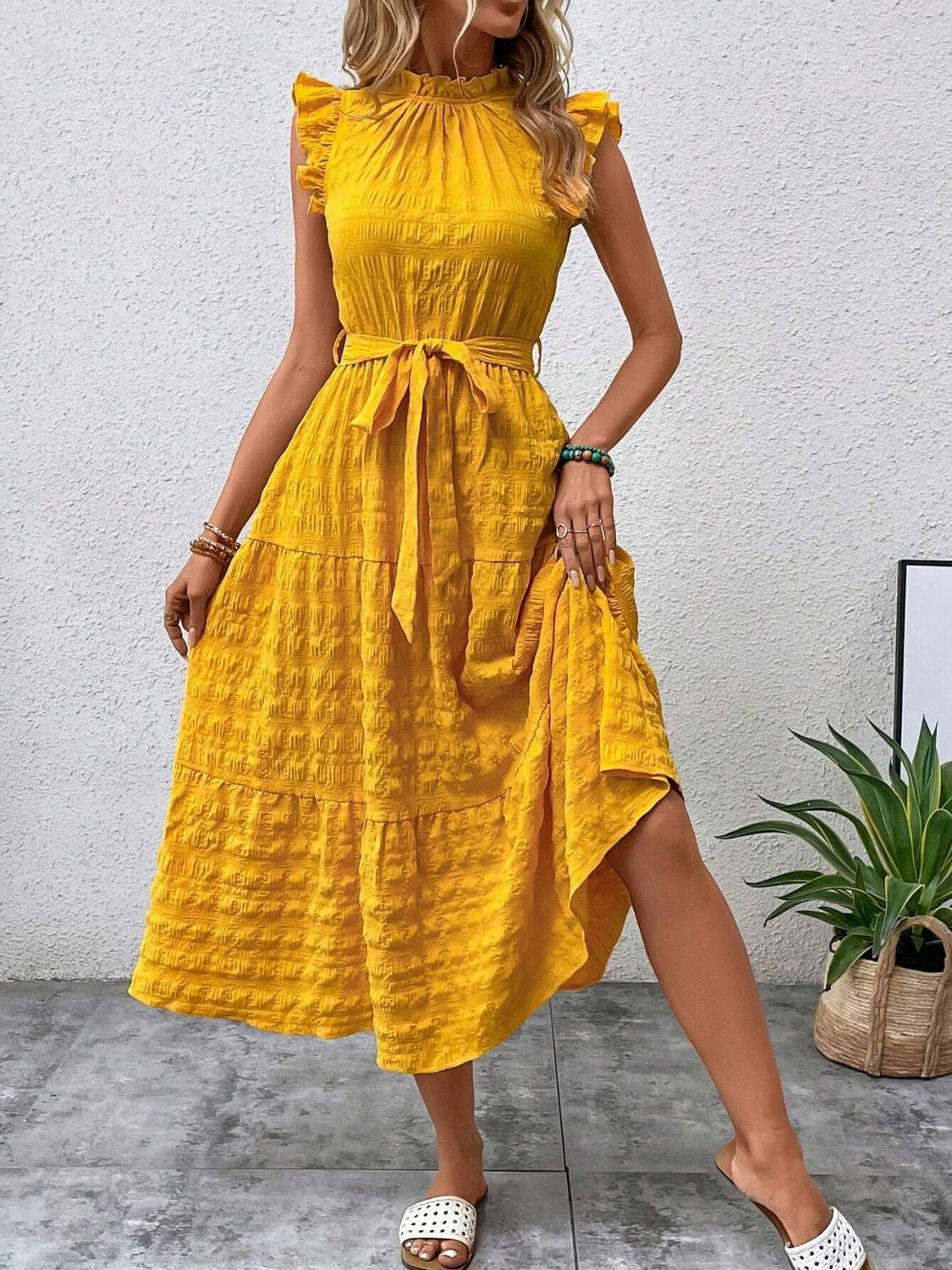 Tied Ruffled Cap Sleeve Midi Dress   