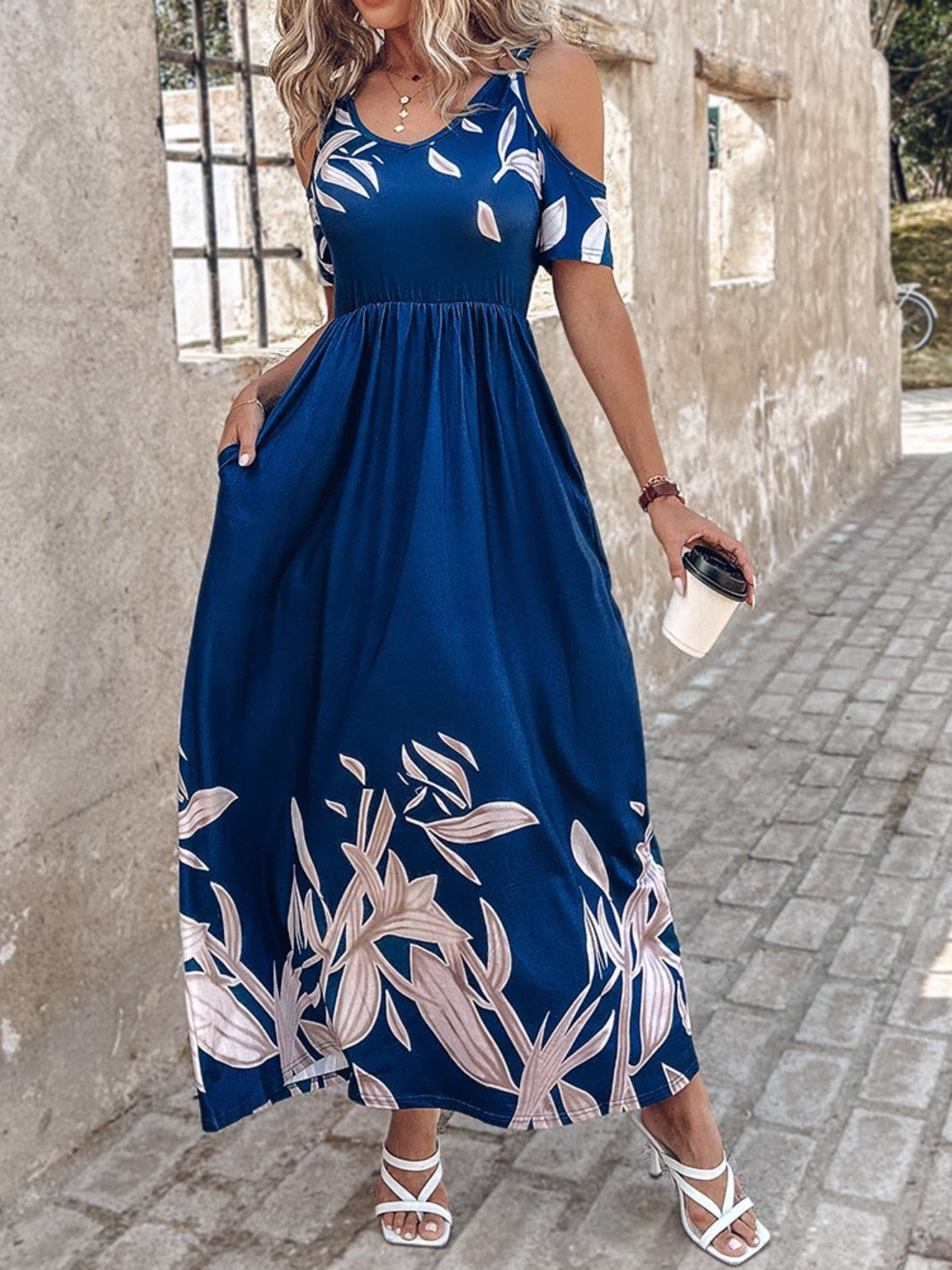 Printed Cold Shoulder Short Sleeve Maxi Dress   