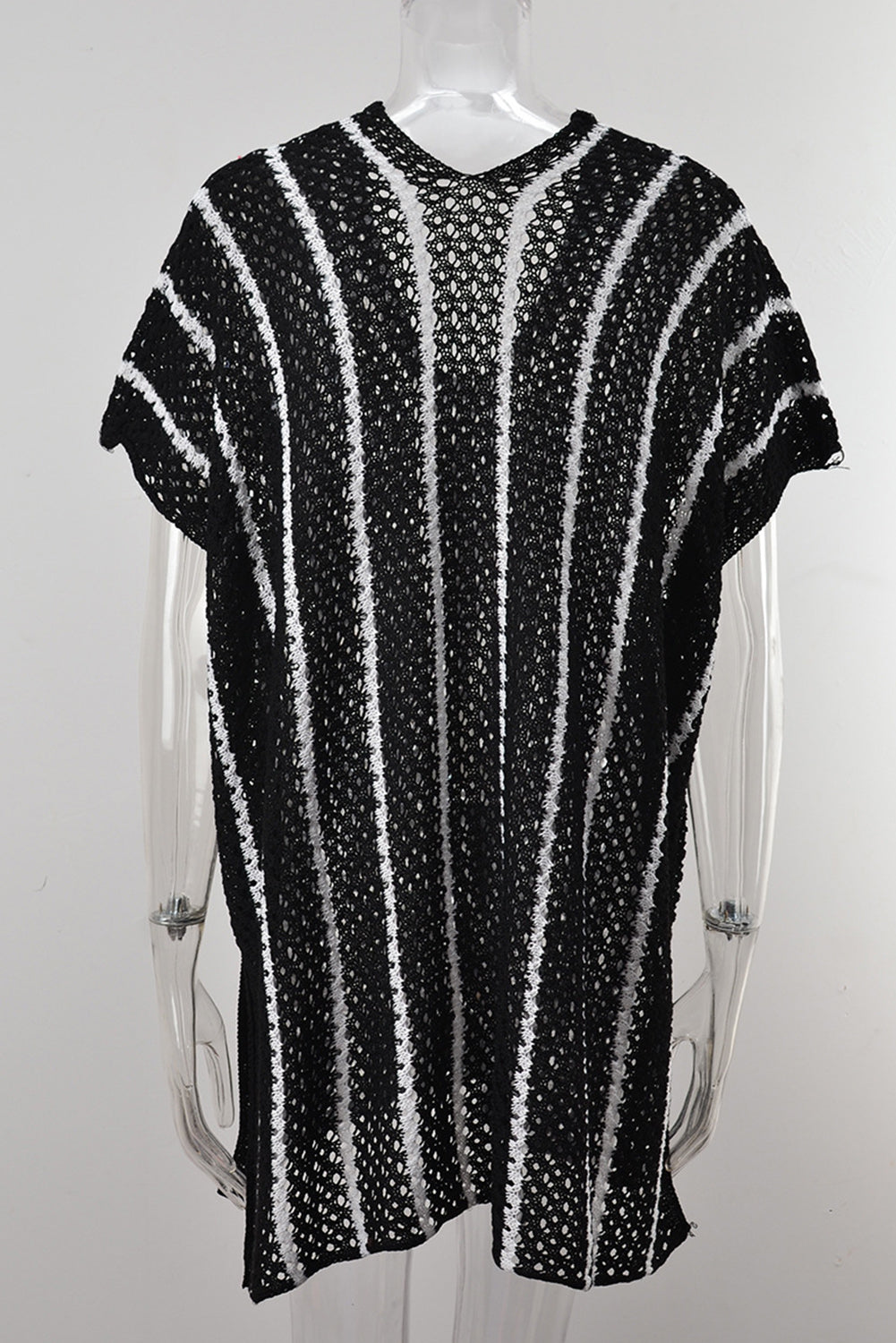 STUNNLY  Slit Openwork Striped V-Neck Cover-Up   