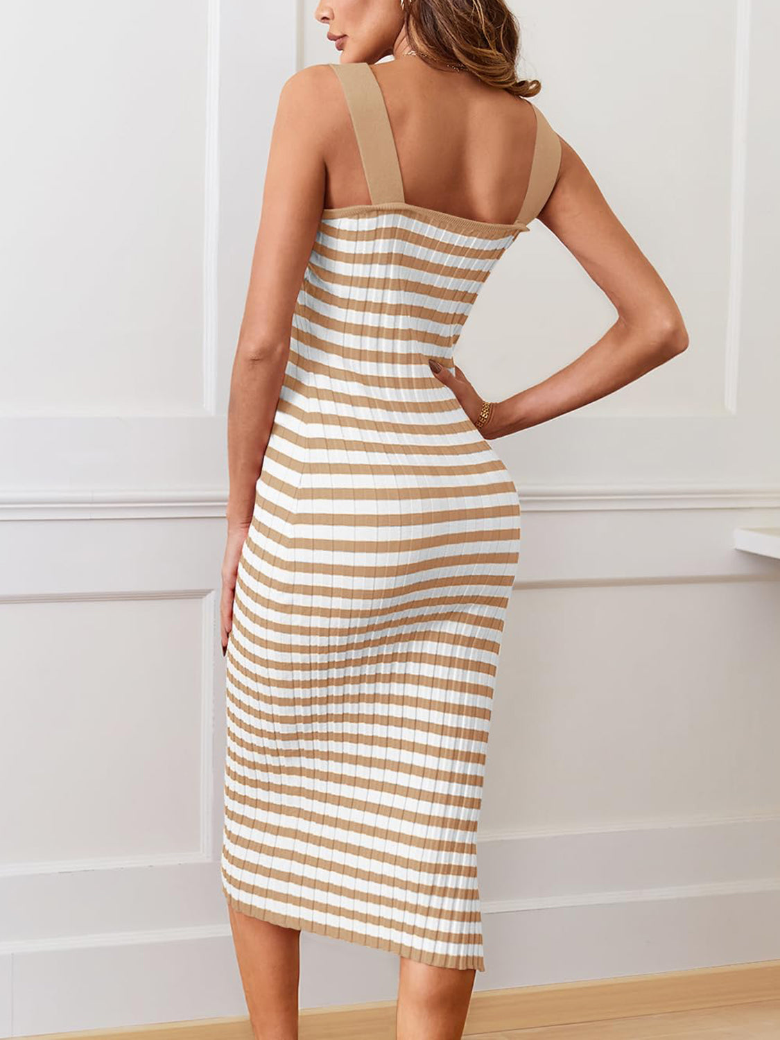 Slit Striped Square Neck Cami Dress Camel One Size 