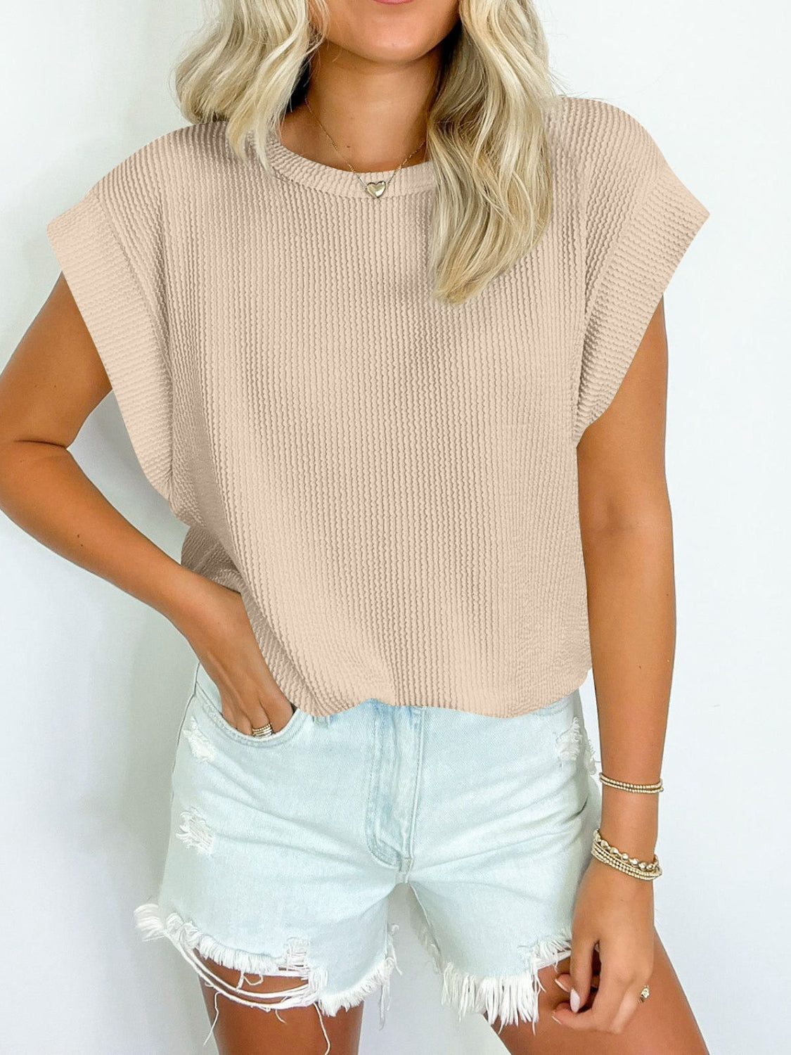 Textured Round Neck Cap Sleeve Blouse Beige S 