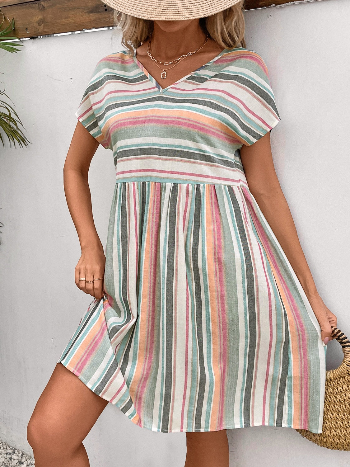 Striped V-Neck Short Sleeve Dress   