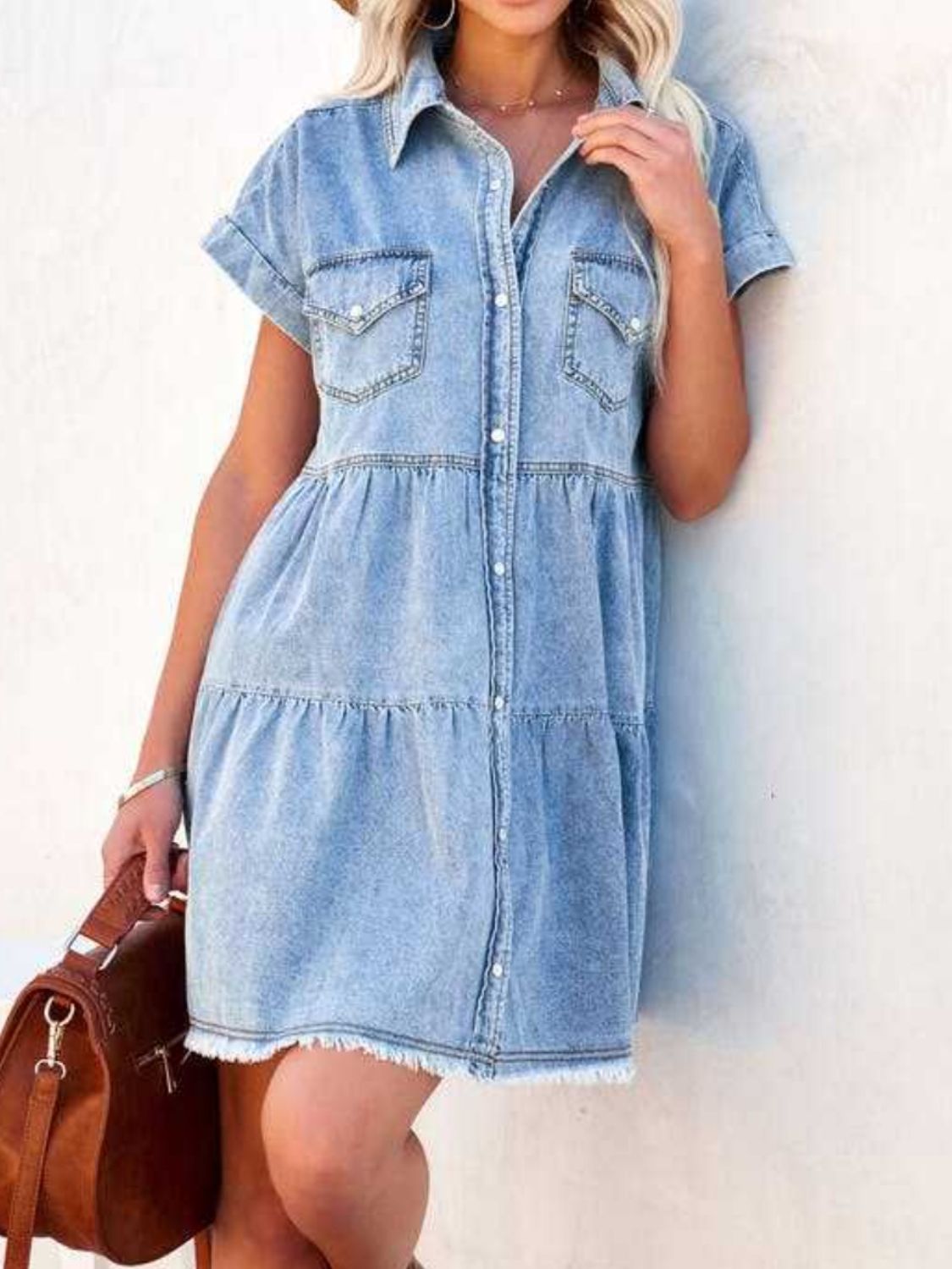 Raw Hem Short Sleeve Denim Dress   